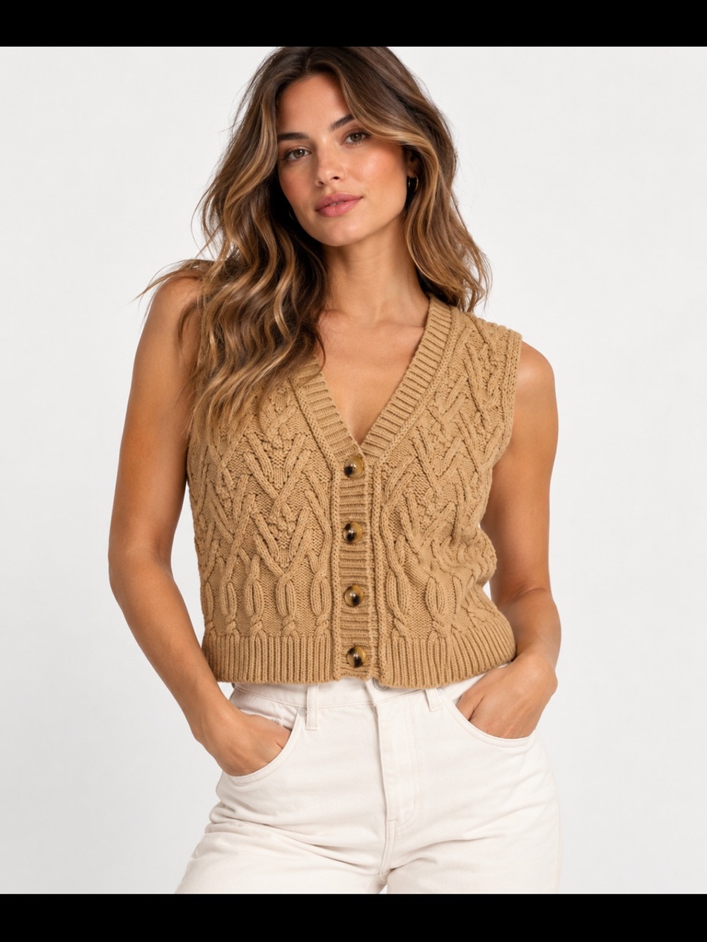 MOD REF Cable Knit Sweater Vest Camel Tan Button Front Size M